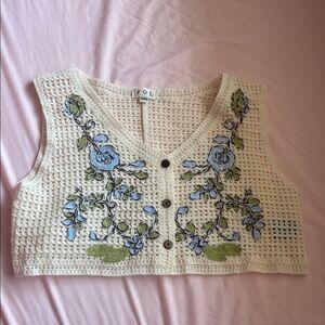 POL Cream Crochet Vest with Blue and Green Floral Design